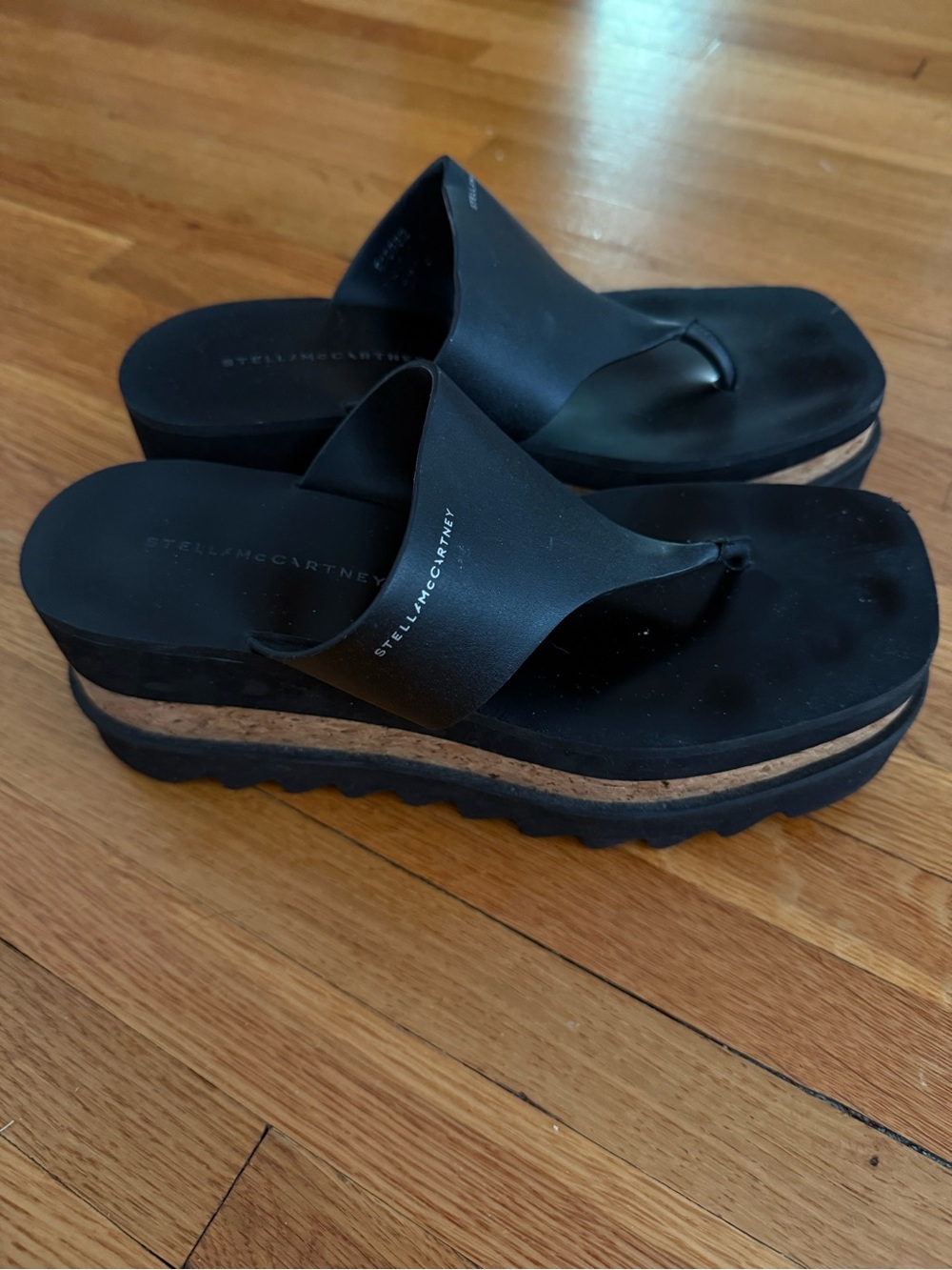 Stella McCartney Black Platform Thong Sandals with Cork Midsole